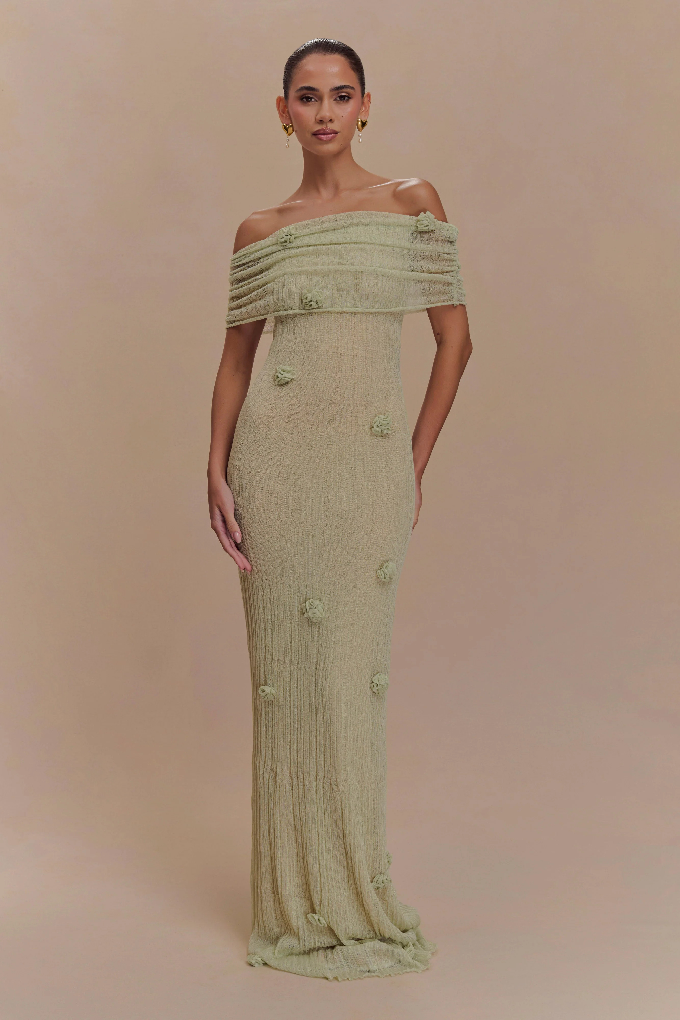 Brynn Orchid Knit Maxi Dress - Pastel Green | Meshki UK