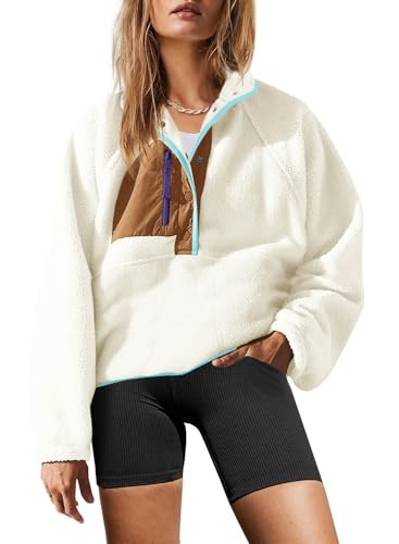 Yanekop Womens Fuzzy Fleece Pullover Sherpa Sweatshirt Long Sleeve Button Down Sweater Winter Fleece Jacket with Pockets(Beige Khaki,M) | Amazon (US)