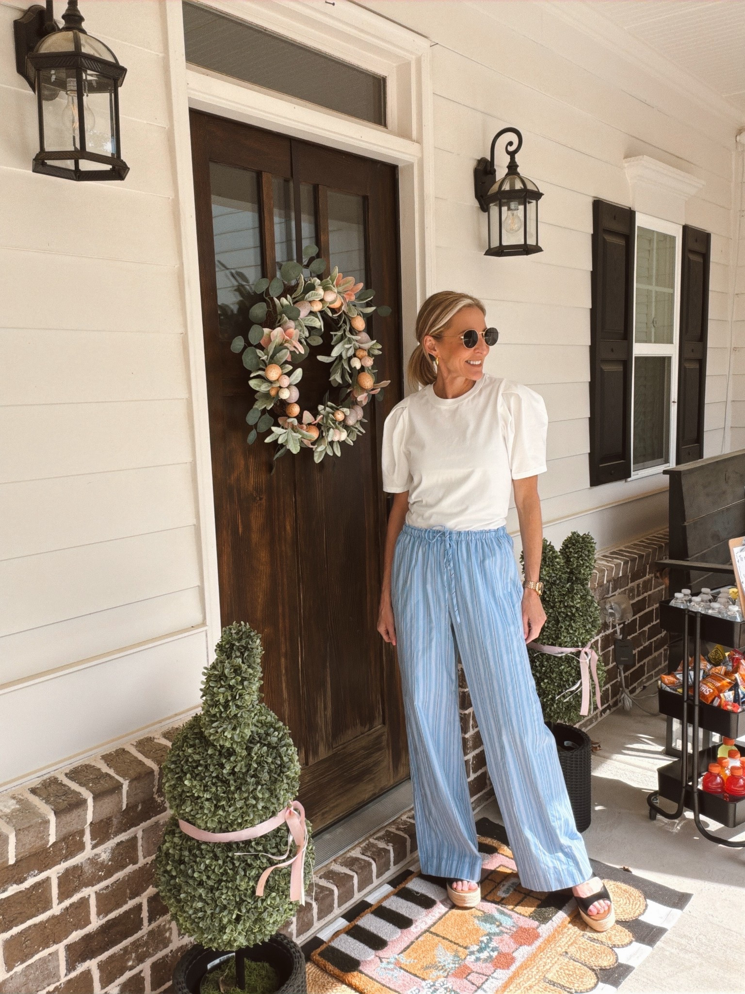 Trending pool on straight leg pants perfect for evening strolls or relaxed night… These are made from 100% cotton, have pockets, stretcher on the waist with a tie wearing a size small. ($35 and trending on Target) 