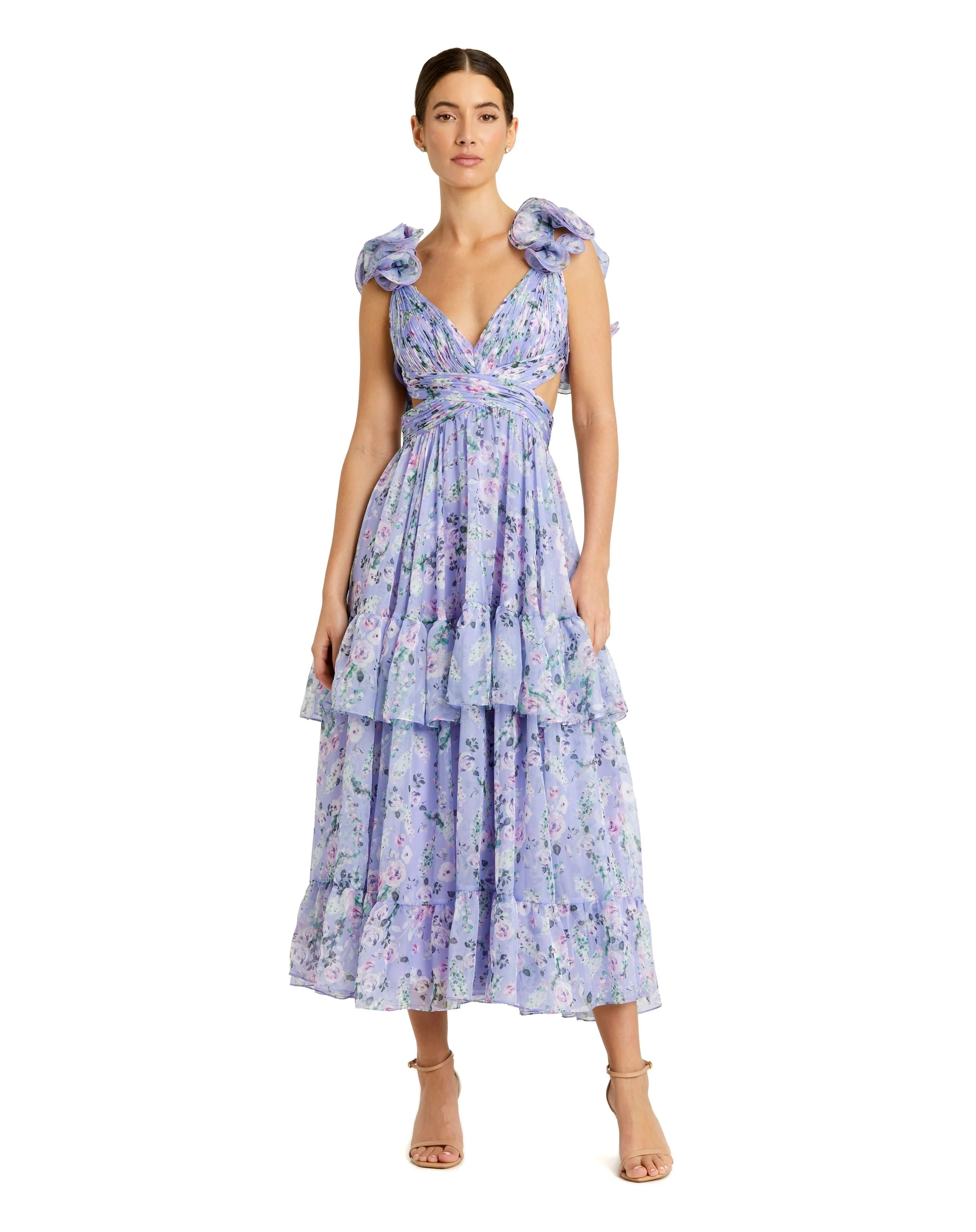 Ruffle Tiered Cut-Out Floral Chiffon Dress | Mac Duggal