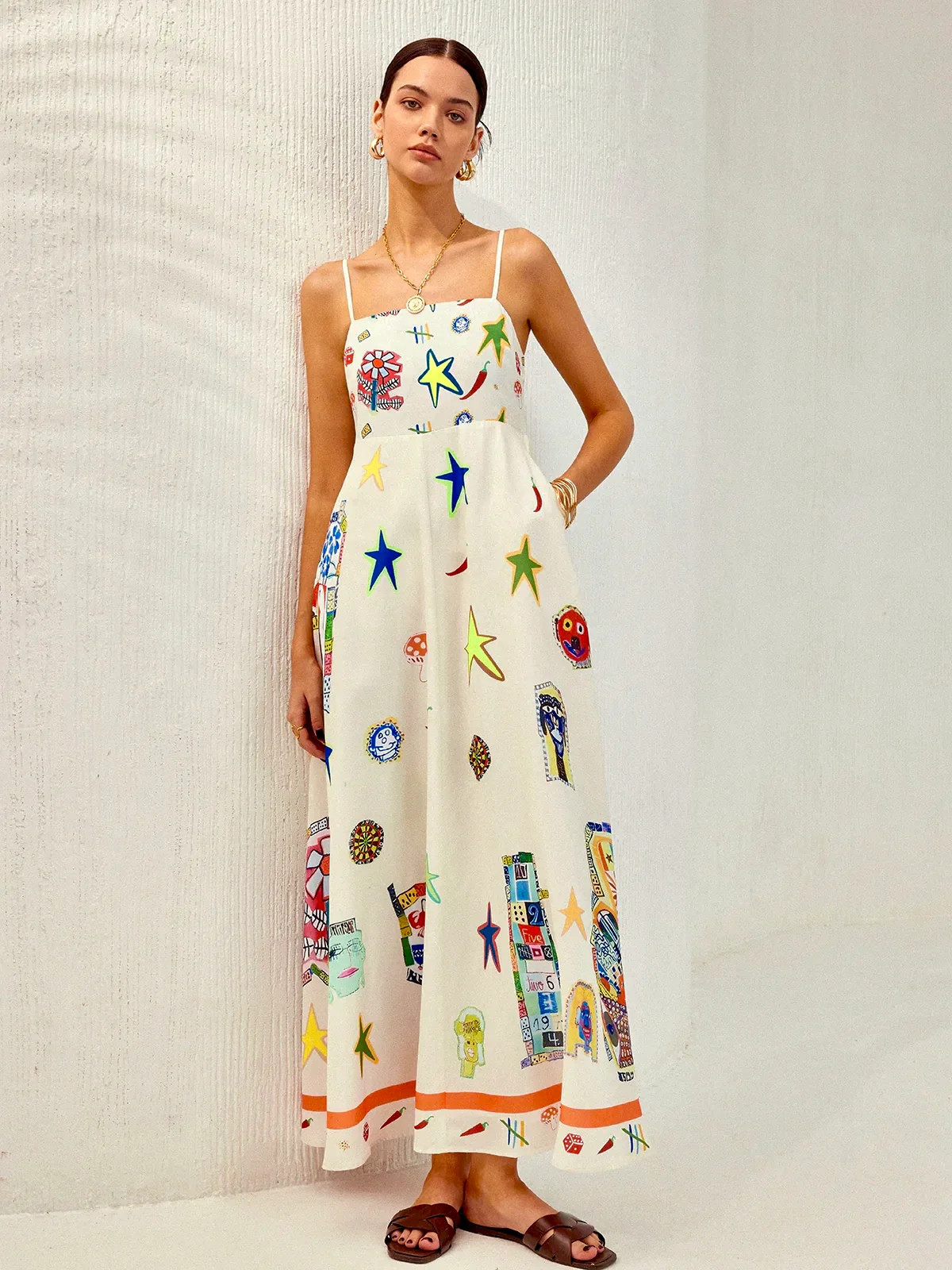 Adjustable Strap Print Dress With Pockets | Commense