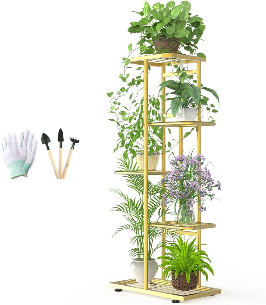 5 Tier 6 Potted Gold Plant Stand Indoor Outdoor with Gardening Tools and Gloves, Upgraded Corner ... | Amazon (US)