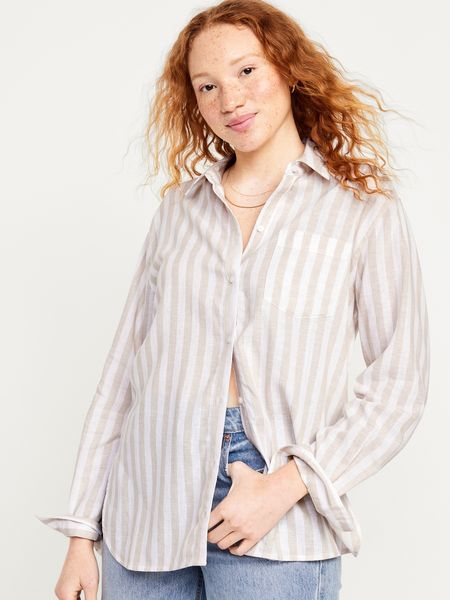 Linen-Blend Striped Boyfriend Shirt for Women | Old Navy (US)