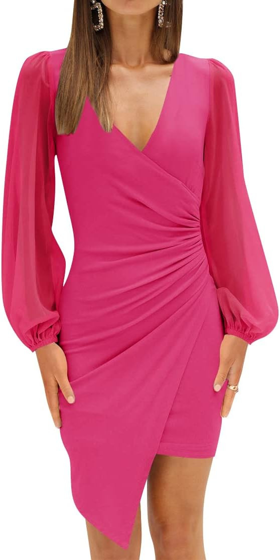 ZESICA Women's Wrap V Neck Bodycon Mini Dress Puff Long Sleeve Ruched Asymmetrical Hem Cocktail P... | Amazon (US)