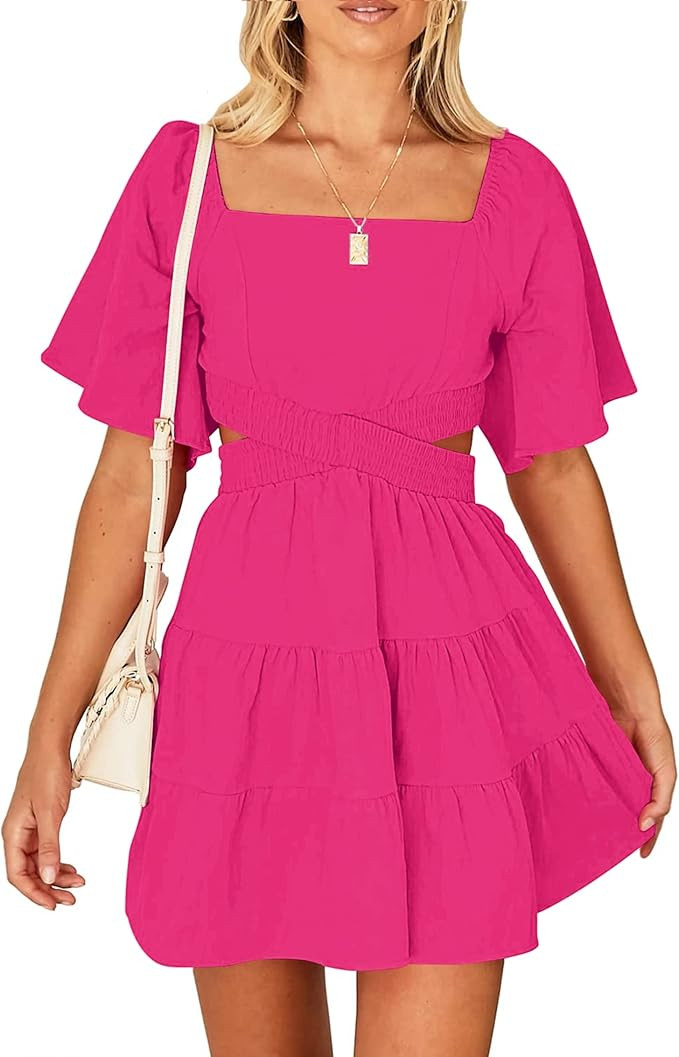 Women's Summer Dresses Square Neck Casual Short Sleeves Crossover Elastic Waist Party Mini Dress | Amazon (US)