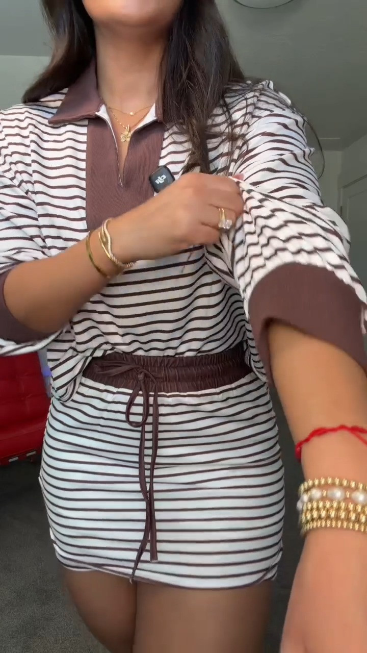 Obsessed with this set! Striped polo tee + drawstring mini skirt 🤎 

 #LTKgrwm #LTKootd #LTKSeasonal