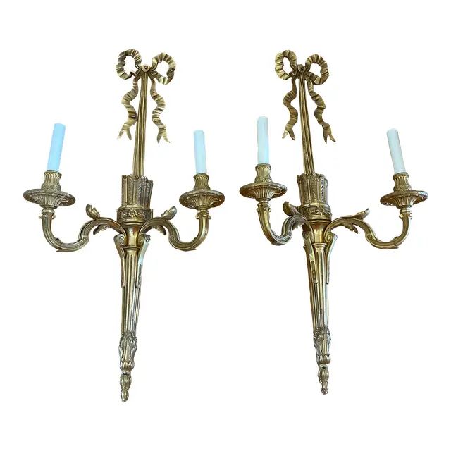 Pair of Vintage Cast Bronze Ribbon and Bow Sconces | Chairish