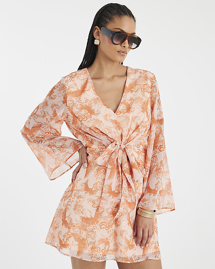 Pink Long Sleeve Tie Front Mini Dress | River Island UK & IE