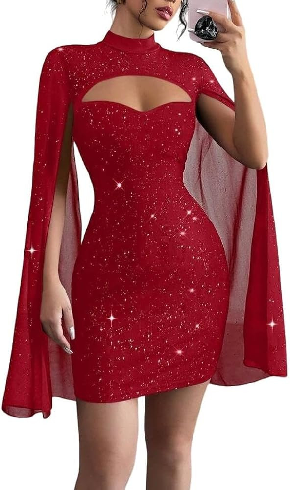 Women's Sequin Cloak Sleeve Dress Mock Neck Cocktail Long Flowy Sleeves for Going Out Fromal Prom... | Amazon (US)