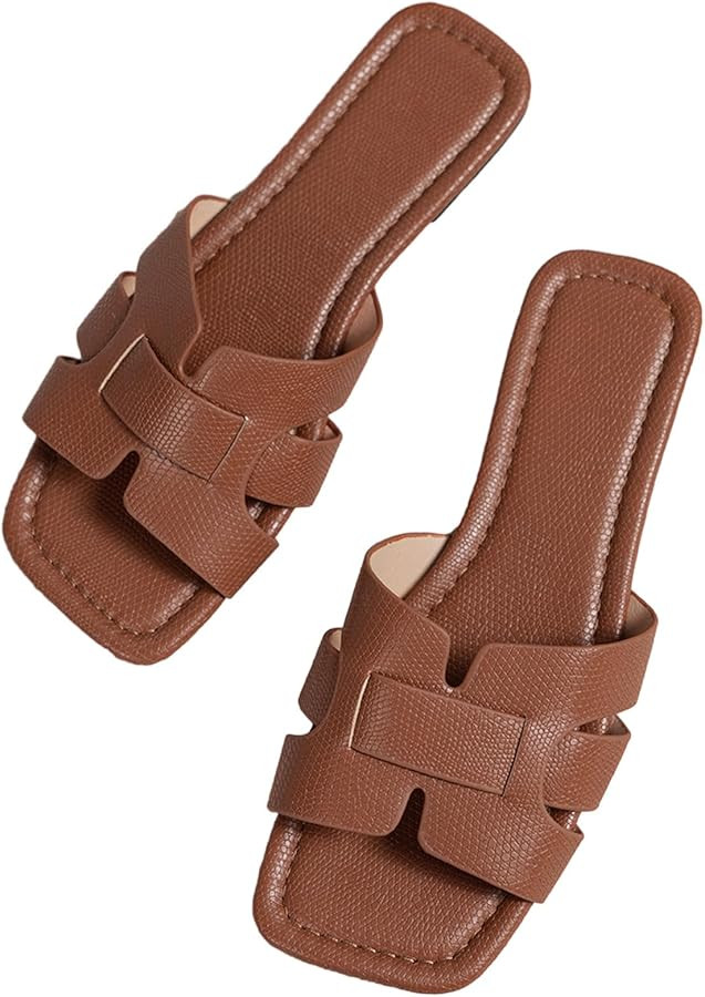 GORGLITTER Women's Crocodile Embossed Flat Sandals Cross Strappy Open Toe Slide Sandals | Amazon (US)