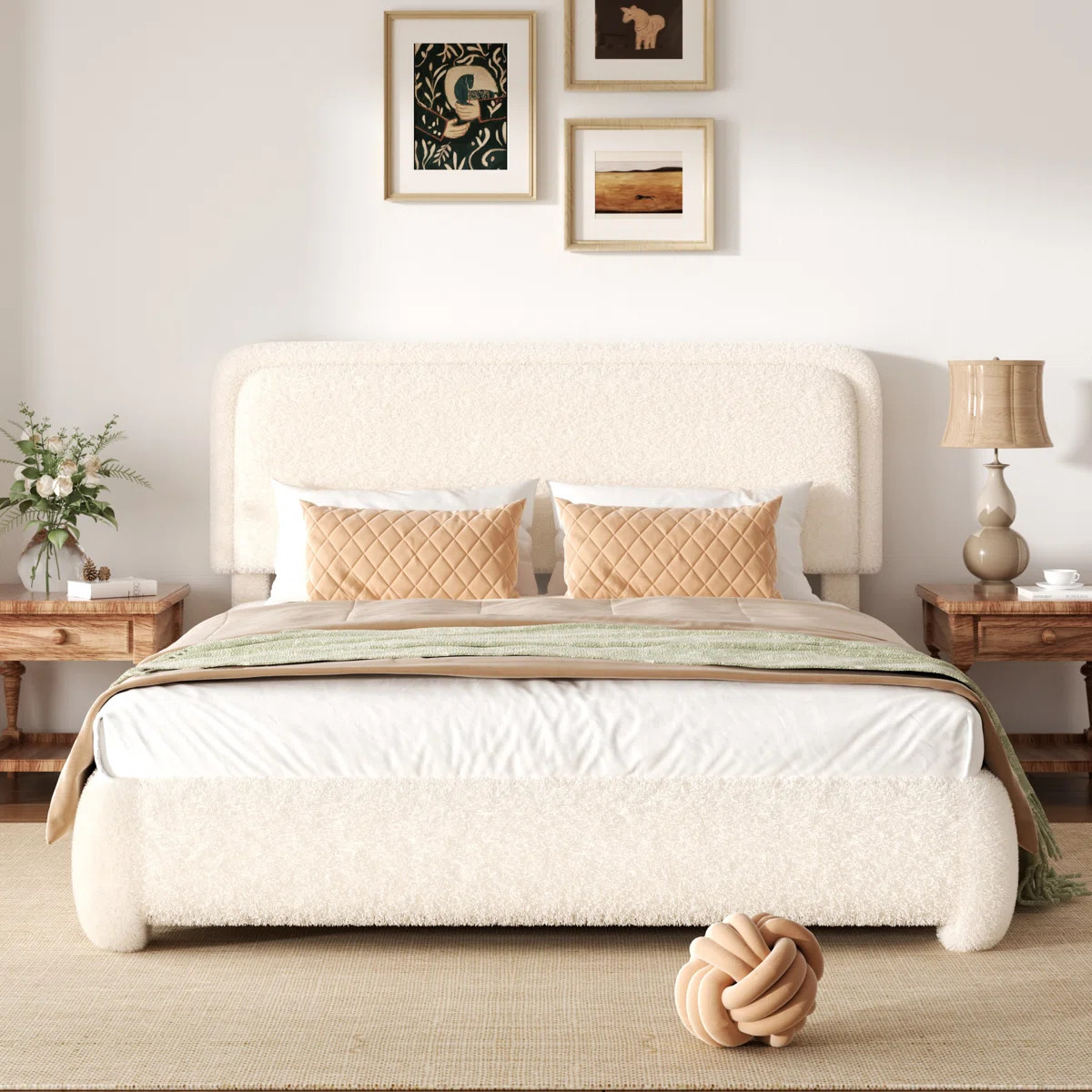 Boucle Upholstered Platform Bed Frame with Adjustable Headboard & Soft Rounded Corners | Wayfair North America