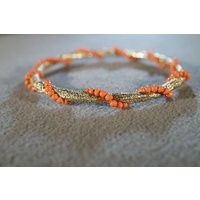 Vintage Yellow Gold Tone Fancy Etched Multi Round Coral Colored Glass Bead Twisted Overlay Design Bangle Bracelet Rl | Etsy (US)