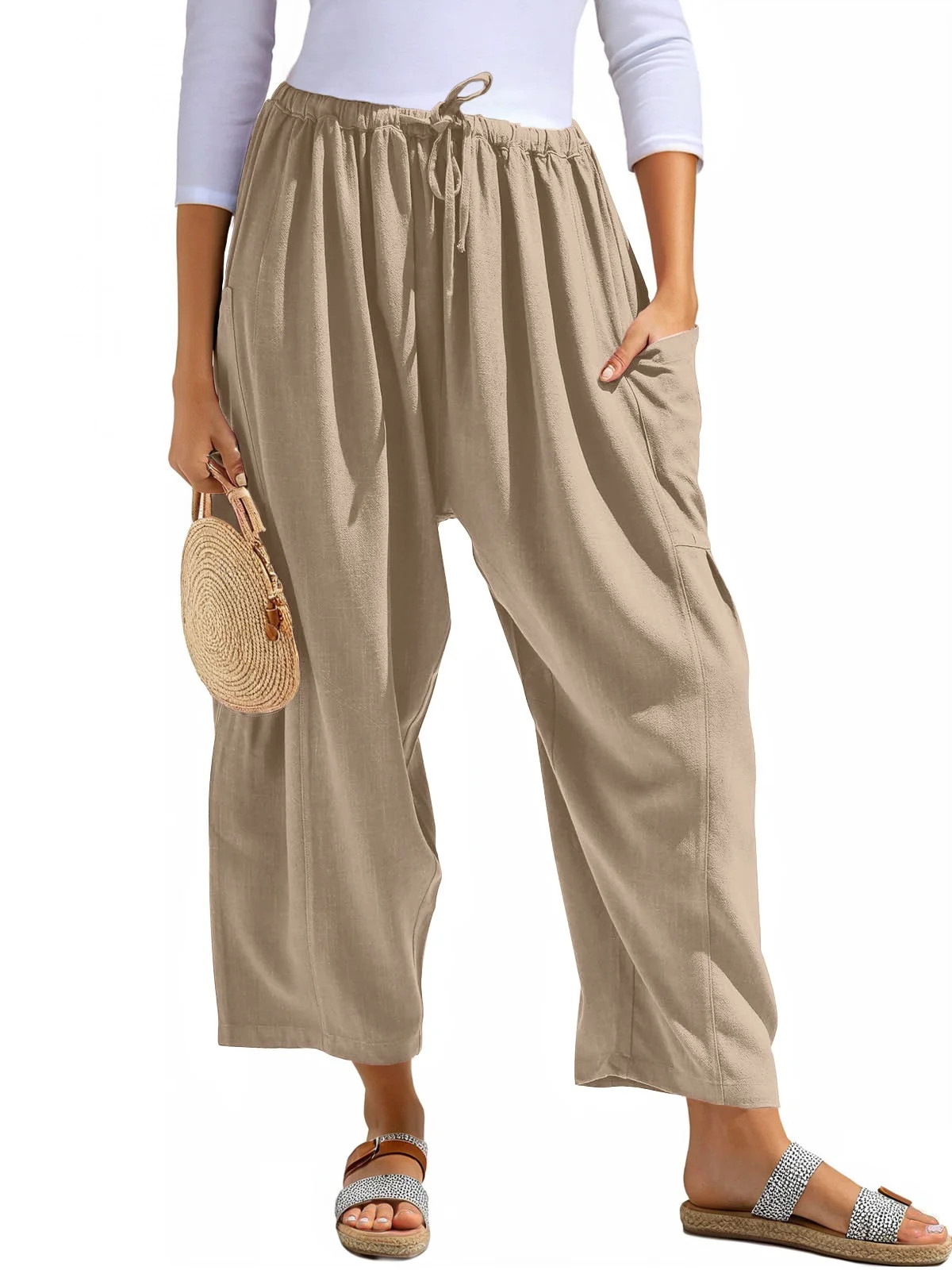 Airmenty Women Wide Leg Pants Summer Casual Low Waist Loose Drawstring Harem Pants Linen Beach Pa... | Walmart (US)