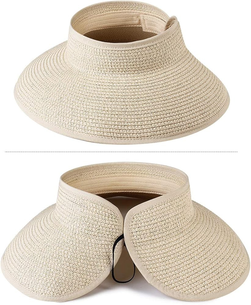 Sun Visor Hats for Women Wide Brim Straw Roll Up Ponytail Summer Beach Hat UV UPF 50 Packable Fol... | Amazon (US)