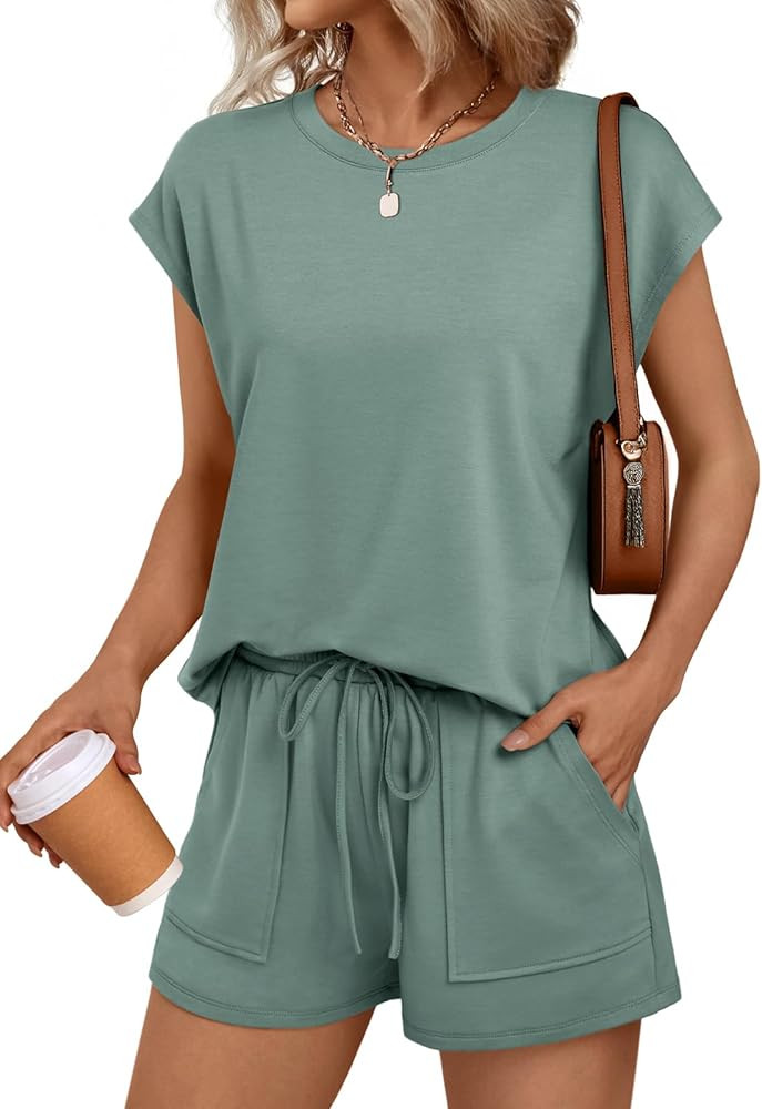 LILLUSORY Womens Crew Neck Cap Sleeve Drawstring Two Piece Summer short Sets Sweatsuit with Pocke... | Amazon (US)