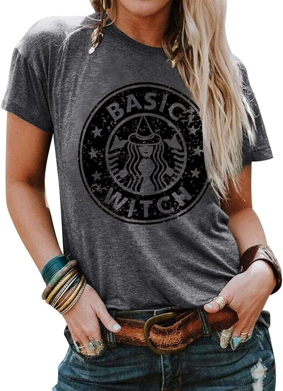 LYCKYY Women’s Halloween Shirts Goth Costume Basic Witch Coffee Tee T-Shirts | Amazon (US)
