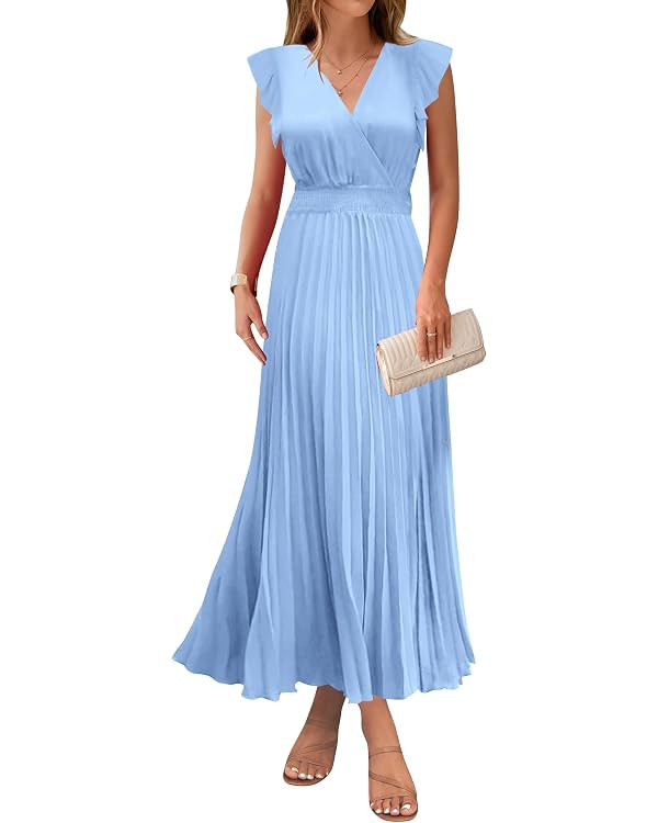 KIRUNDO Women's Summer Maxi Dresses Elegant V Neck Ruffle Flutter Sleeves Empire Waist Pleated Fl... | Amazon (US)