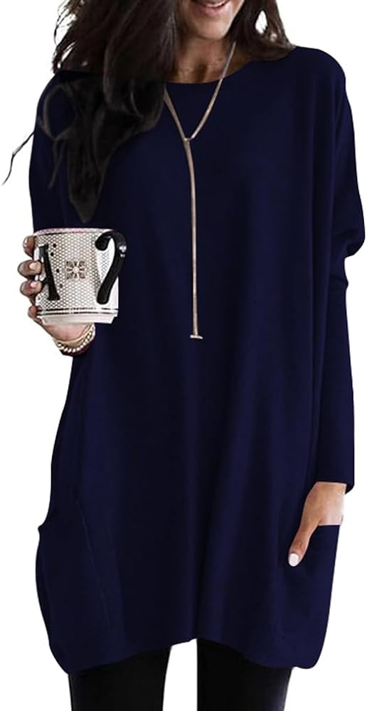 Poetsky Fall Womens Tunic or Tops to Wear with Leggings Long Sleeve Casual Long Shirts with Pocke... | Amazon (US)