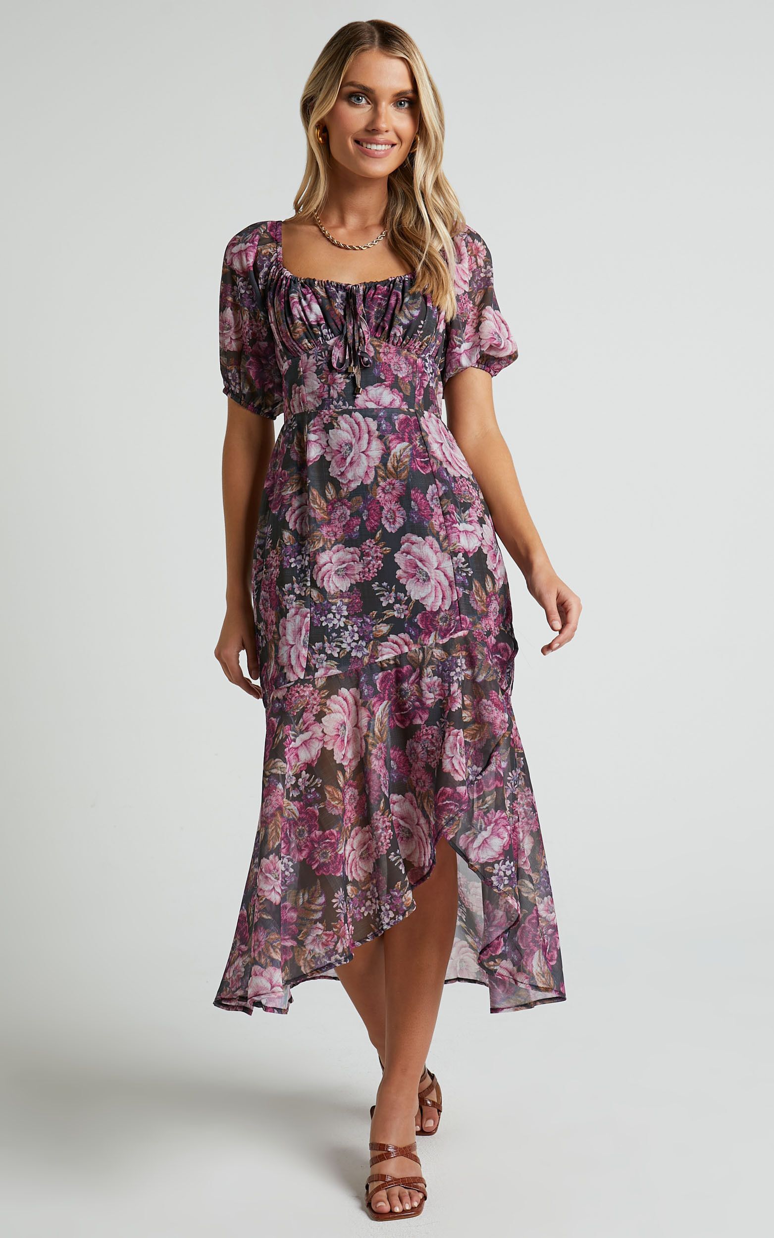 Jasalina Midi Dress - Puff Sleeve Dress in Harvest Floral | Showpo (US, UK & Europe)