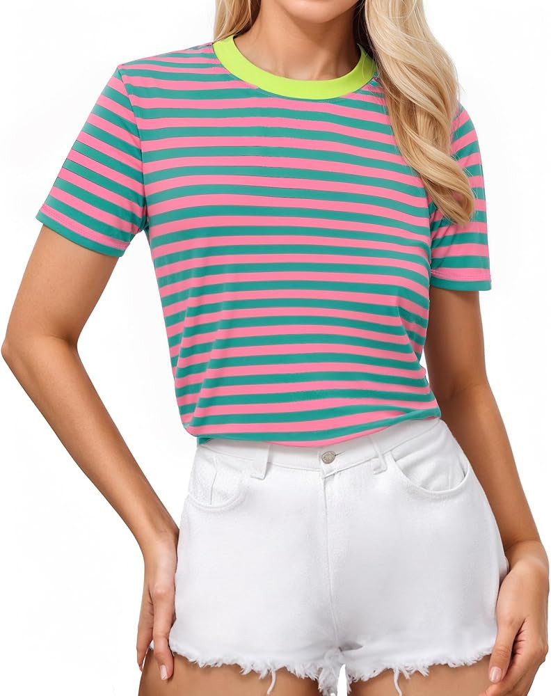 MANGOPOP Short Sleeve Striped Color Block Shirt for Women Regular Fit Crew Neck T Shirt Going Out... | Amazon (US)