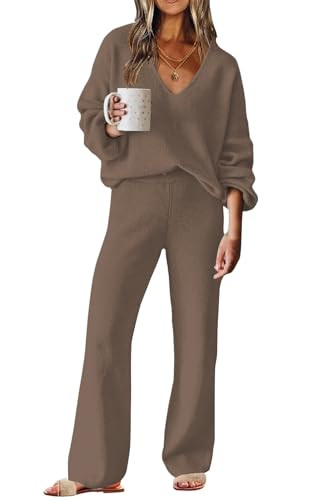 ETCYY NEW Womens 2 Piece Outfits Sweater Lounge Set Casual V Neck Knit Pajama Set Long Sleeve Top... | Amazon (US)