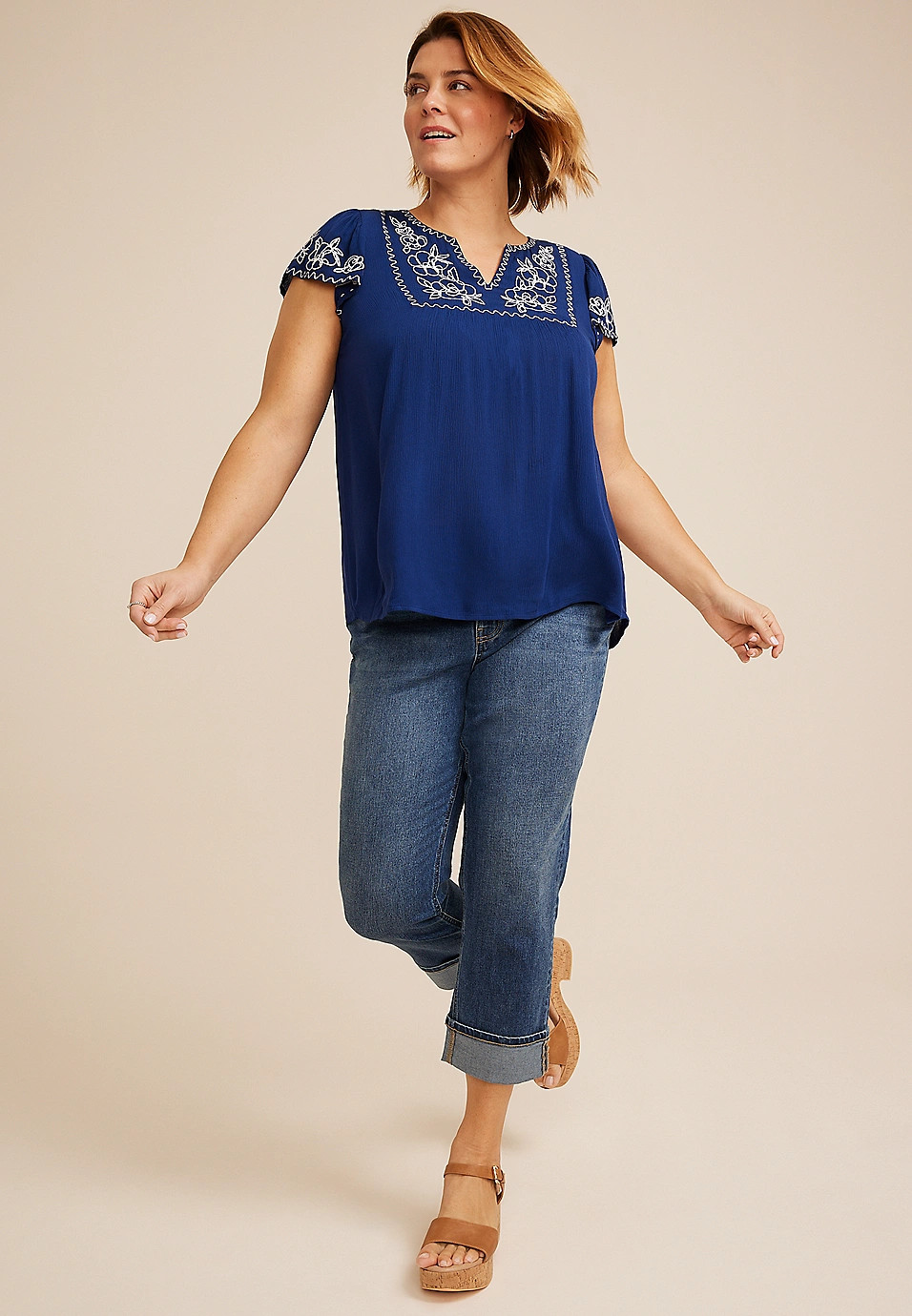 Plus Size Navy Embroidered Split Neck Short Sleeve Blouse | Maurices