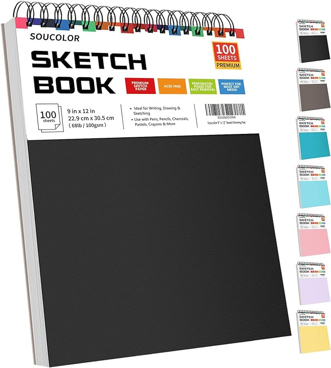 Soucolor 9" x 12" Sketch Book, 100 Sheets Top Spiral Bound Acid-Free Sketchbook with 68lb/100gsm ... | Amazon (US)