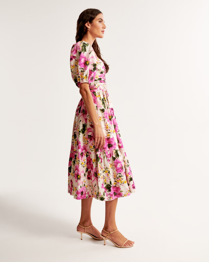 Women's Emerson Linen-Blend Puff Sleeve Midi Dress | Women's Dresses & Jumpsuits | Abercrombie.co... | Abercrombie & Fitch (US)