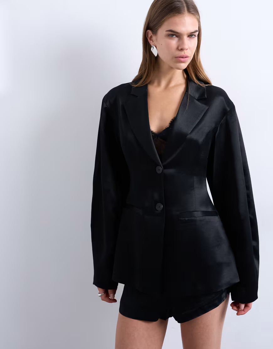 Topshop satin cinched blazer in black | ASOS (Global)