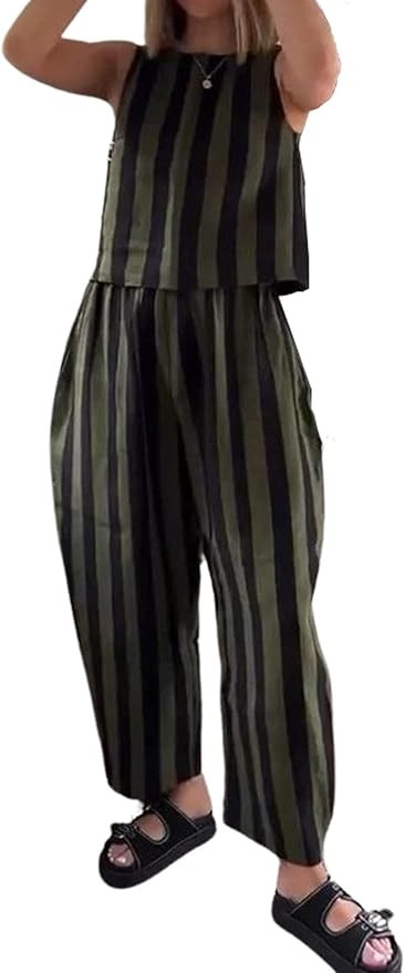 CHARTOU Women's Casual Stripe Two Piece Outfits Loose Vest Elastic High Rise Pants Sets with Pock... | Amazon (US)