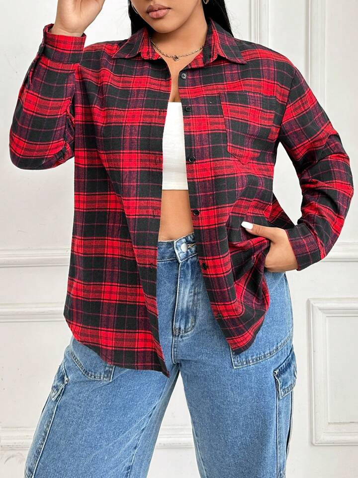 SHEIN EZwear Plus Size Plaid Shirt | SHEIN