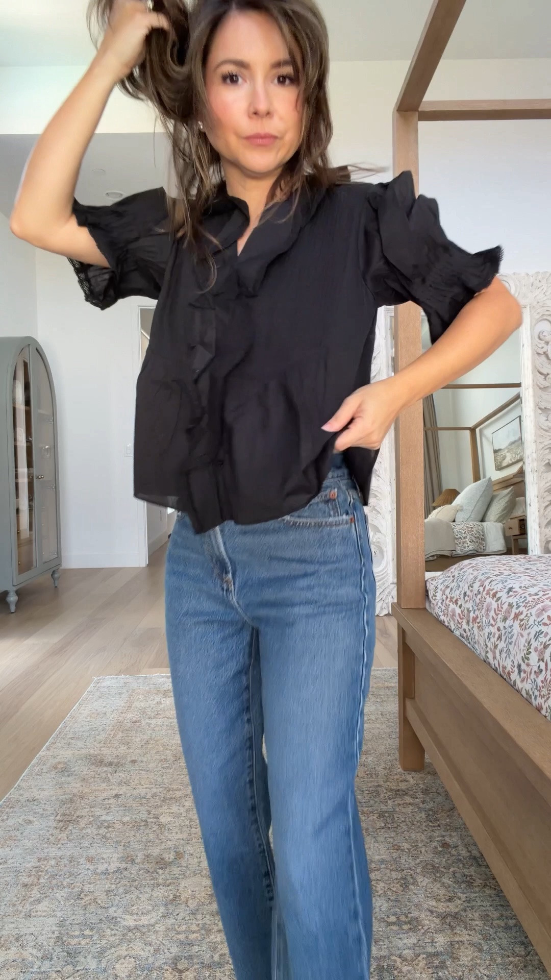 A pretty black ruffle blouse made for those high rise jeans you know I’m all for the details. Top xsmall jeans 25short 
Boots waterproof  @Quince

#LTKgrwm #LTKPetite