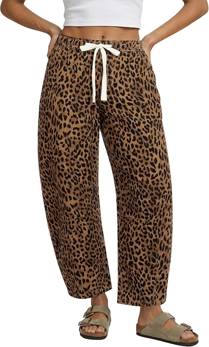 GRAPENT Barrel Jeans for Women Trendy High Waisted Pull On Wide Leg Cropped Leopard Cheetah Print... | Amazon (US)