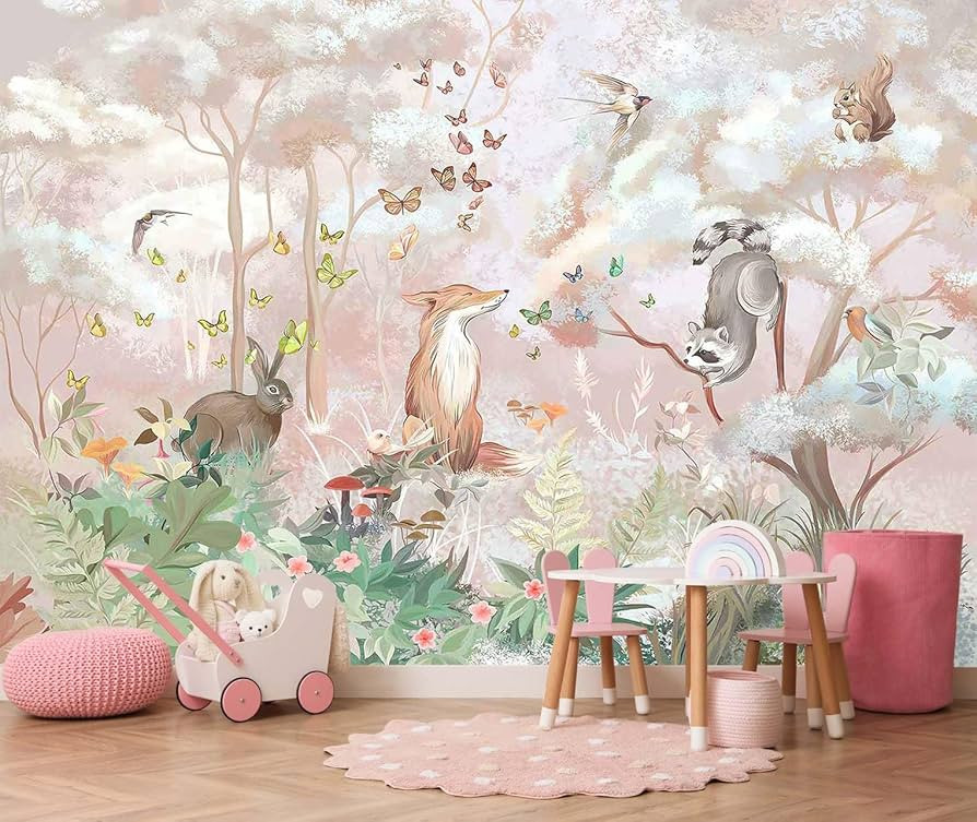 Kids Safari Wallpaper Butterfly Fox Forest Animal Wallpaper Mural with Pink Background for Girl's... | Amazon (US)
