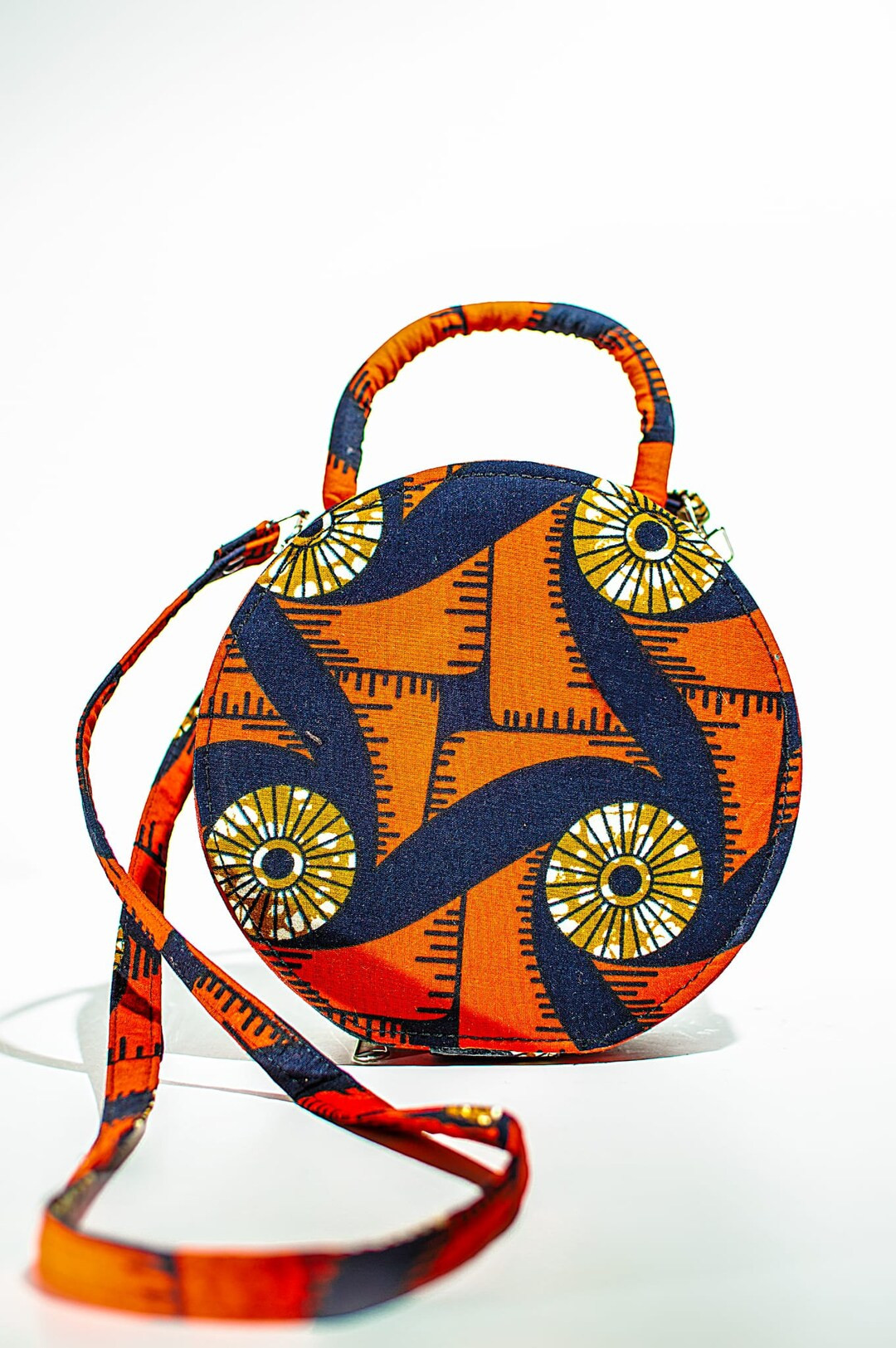 Handmade African Print Circle Bag Orange, Dark Blue, Gold & White | Etsy (US)