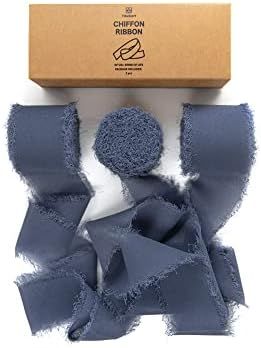 Vitalizart 3 Rolls Handmade Fringe Chiffon Silk Ribbon 1.5" x 7Yd Denim Blue Ribbons Set for Wedd... | Amazon (US)