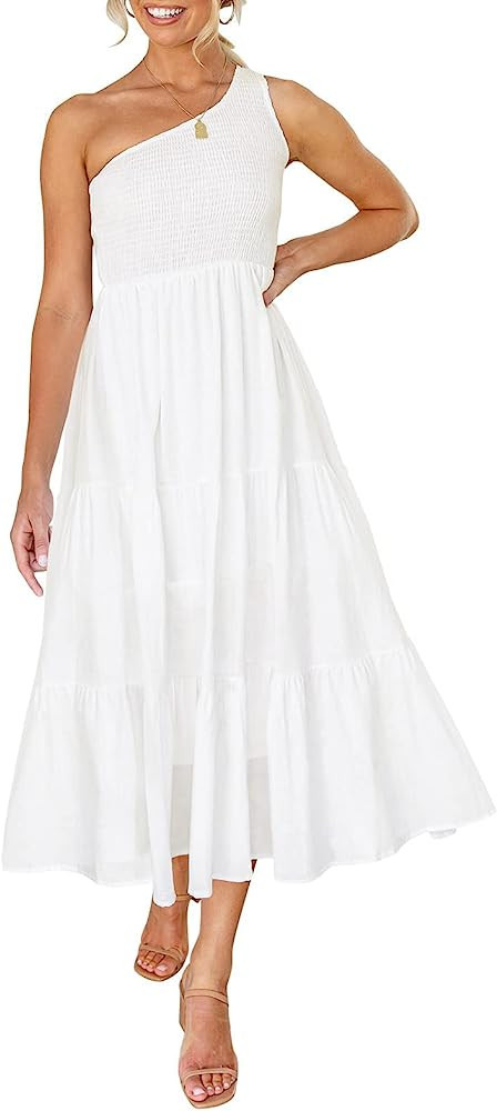 ZESICA Women's 2023 Bohemian Summer Floral Print One Shoulder Sleeveless Smocked Ruffle Tiered Be... | Amazon (US)