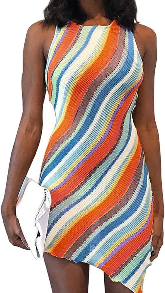 JUNGMIAE Women's Vintage Knitted Stripe Sleeveless Bodycon Mini Tank Dress | Amazon (US)