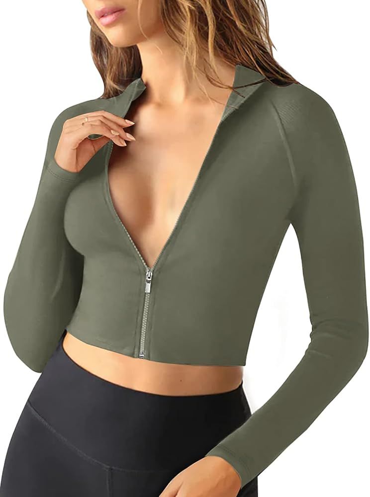 LASLULU Womens Zipper Workout Top Seamless Long Sleeve Ribbed Yoga Athletic Shirt Cropped Sweatsh... | Amazon (US)