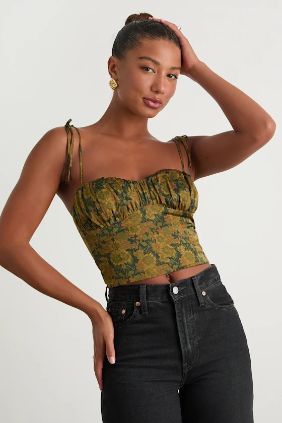 Raissa Olive Green Floral Satin Tie-Strap Crop Top | Lulus