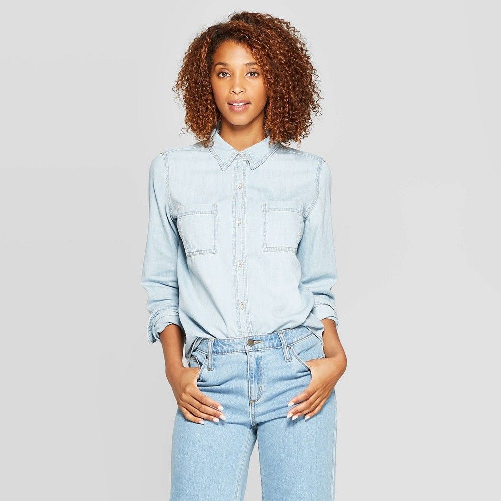 Women's Long Sleeve Labette Denim Woven Shirt - Universal Thread Blue XS | Target