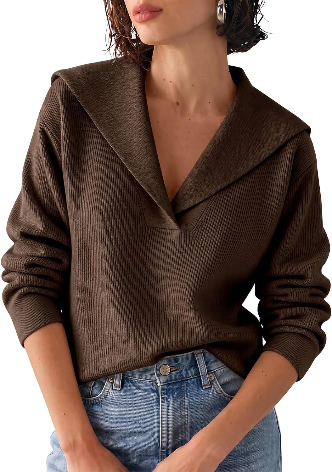 Cicy Bell Womens Pullover Sweaters Lapel Collar V Neck Long Sleeve Sweater | Amazon (US)