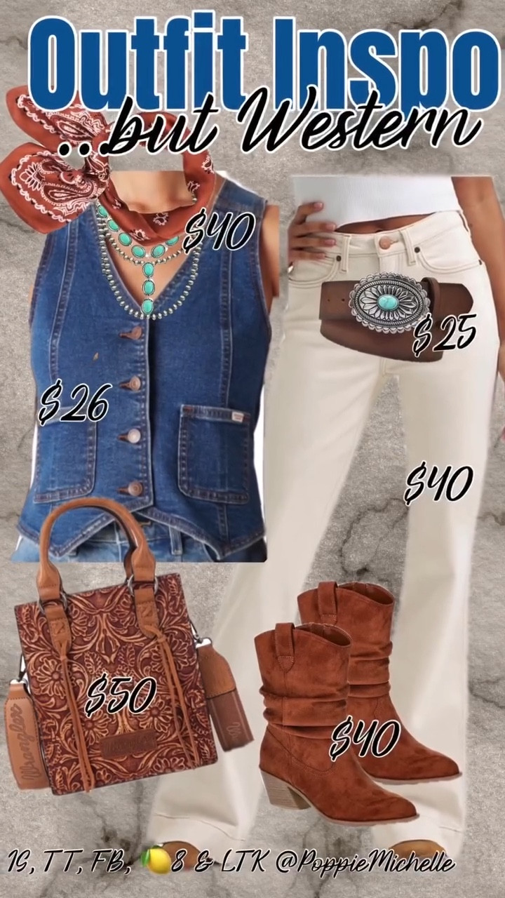 Outfit Inspo….but Western. It’s Rodeo Season here in Texas. If you are anything like me I want to be cute but I still want to have money in my pocket yet trust who I’m shopping with. 

These white wranglers trouser jeans and denim vest screams timeless pieces that will never go out of style. Tossing in a tooled leather purse and brown boots, belt and bandanna and you are off to the Rodeo.
#westernfashion  #rodeostyle #wranglerjeans #westernstyle #nfrfashion