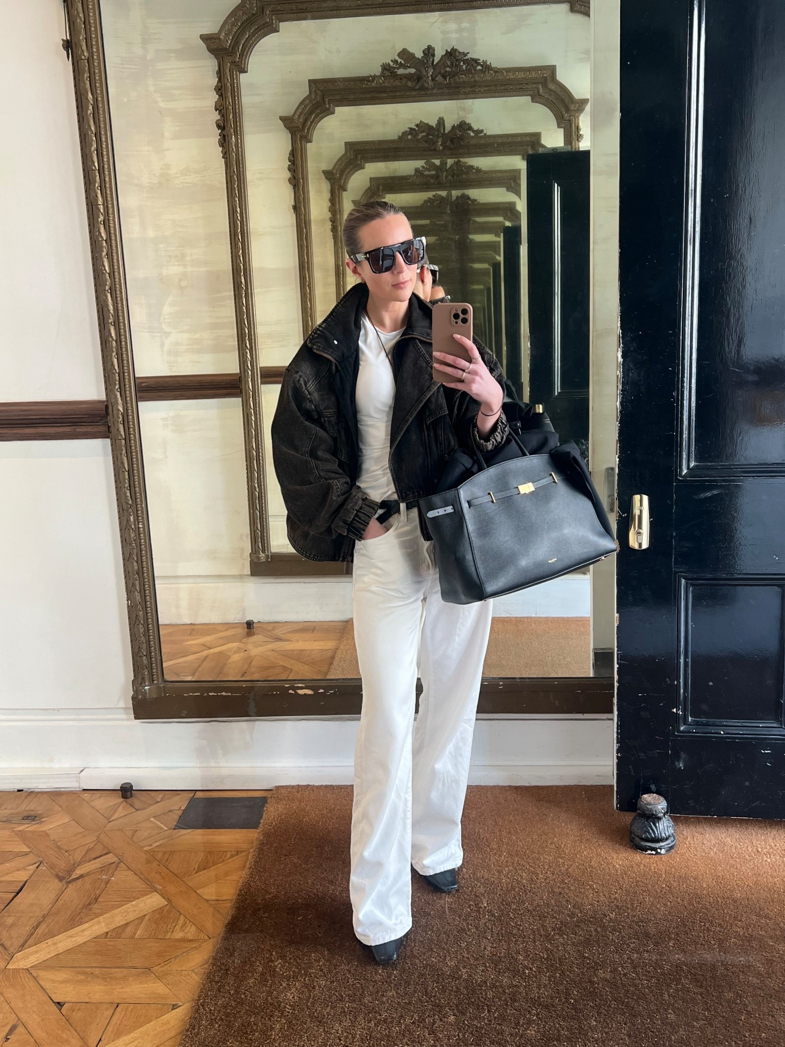 White jeans, white trousers, denim jacket, funnel neck jacket, spring jacket, work bag, tote bag, H&M, Demellier, white t-shirt, designer sunglasses, spring outfit, black jacket 

#LTKspring #LTKjeans #LTKspringtrends
