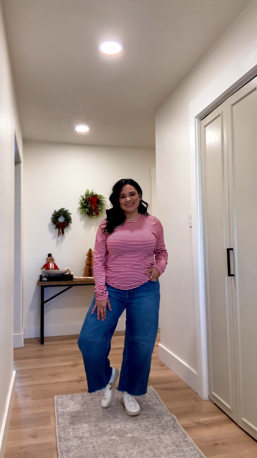 Stripe shirt, barrel jeans and white sneakers such an easy outfit 
Shirt is xl but I got my other 2 size large for tighter fit
Shoes are sold but found similar ones 
#americaneagle 

#LTKootd #LTKMidsize