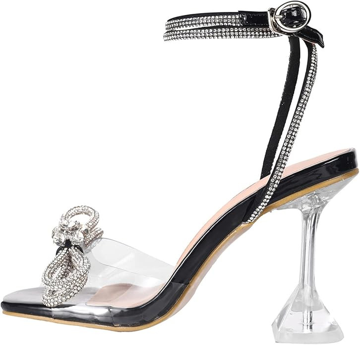 Yolkomo Women's Square Toe Clear Heels Sexy Rhinestone Bow Heels Open Toe Ankle Strap Stiletto Hi... | Amazon (US)