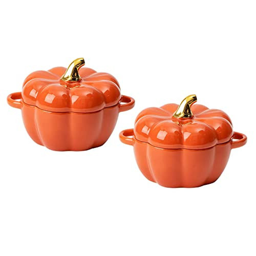 Pumpkin Bowl Set with Lid and Handle, Set of 2 Ceramic Ramekins for Baking, Casserole Dish Individual Severing Pot, Stoneware, Oven Safe, 14 Oz (Orange) | Amazon (US)