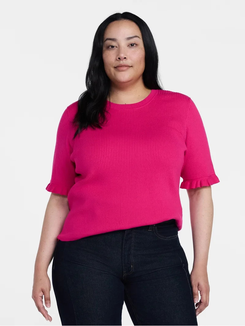 Time and Tru Women's Ribbed Sweater with Flounce Sleeves, Midweight, Sizes XS-XXXL | Walmart (US)