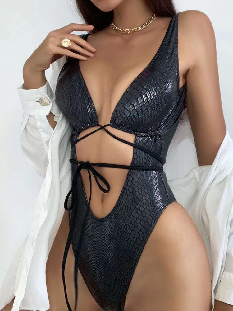 Snakeskin Embossed Cutout One-Piece Swimsuit | SHEIN