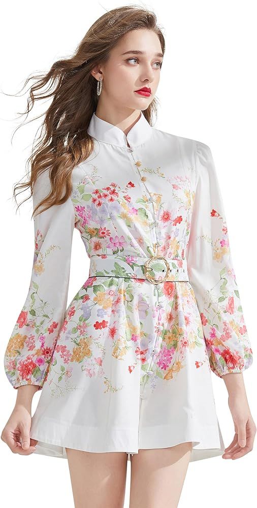 LAI MENG FIVE CATS Women's Summer Puff Sleeve V-Neck Floral Print Casual Swing Mini Dress | Amazon (US)